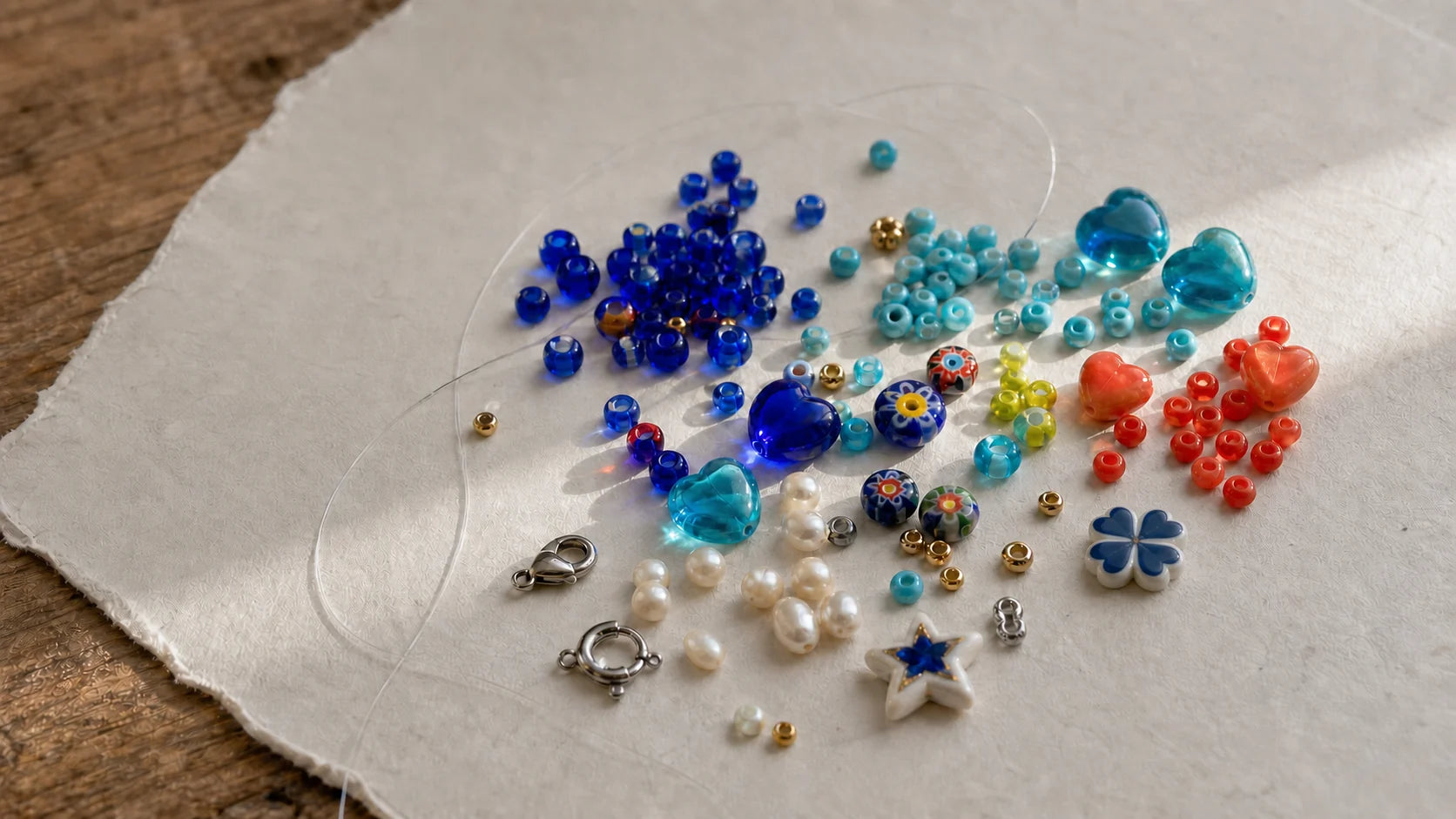 Glass hearts, millefiori, pearl beads, porcelain pieces, and stainless steel findings arranged on the Parcha worktable