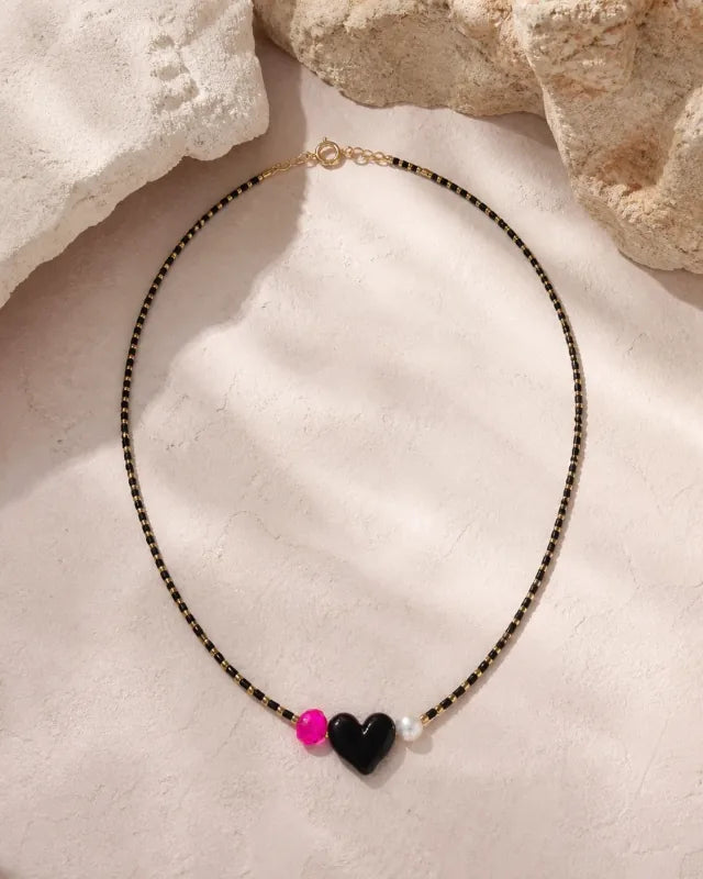 Corazón Murano black/gold/pearl, handmade glass jewelry by Parcha